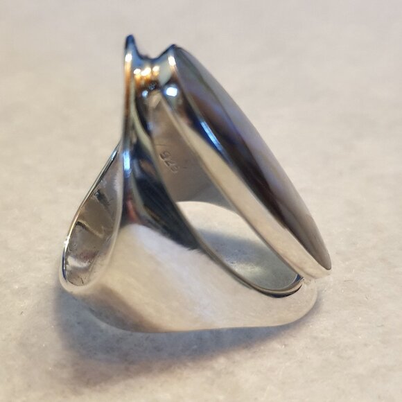Chunky Vintage 925 Sterling Silver Oval Abalone Shell Inlay Statement Ring - Picture 7 of 14